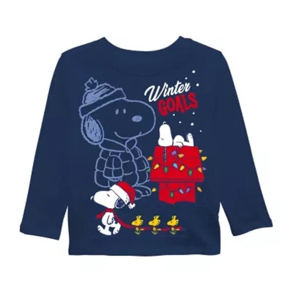 NEW! 4T Boys Long Sleeve Christmas Holiday Peanuts Snoopy Graphic T-Shirt Blue
